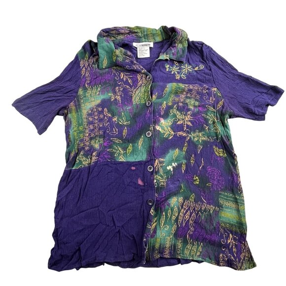 C M Shapes Shirt Women's Large Purple Short Sleeve Button Up Floral Print Rave - Picture 1 of 6